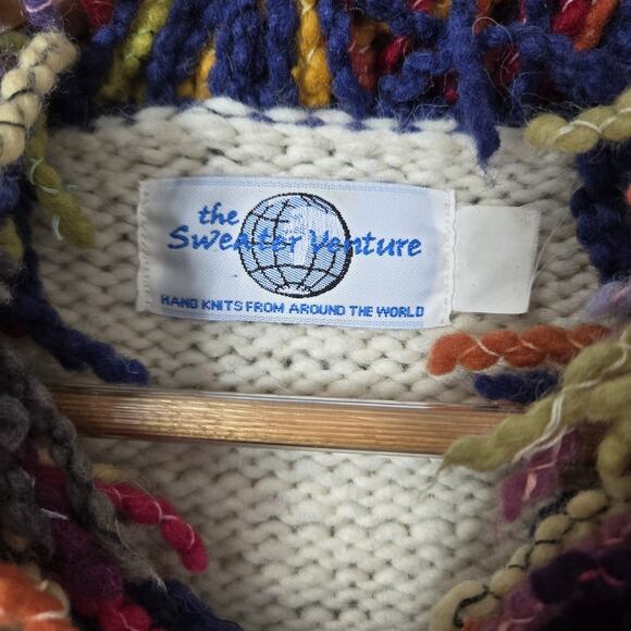 The Sweater Venture Hand Knit Wool Alpaca Cardigan Ivory Multi Fringe Zip Front - Picture 10 of 15